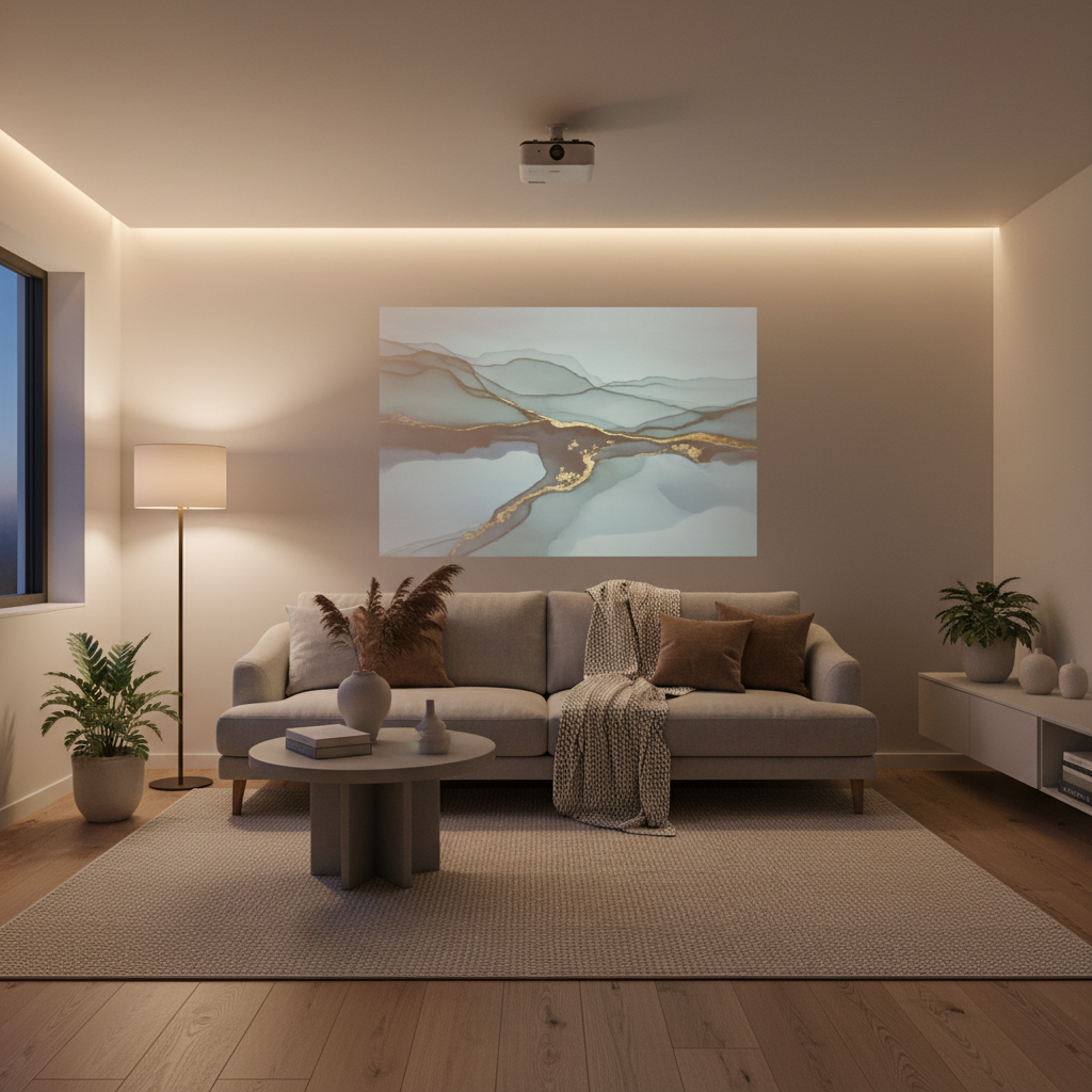 A calming modern living room with soft evening light and a nature-inspired projection on the wall.