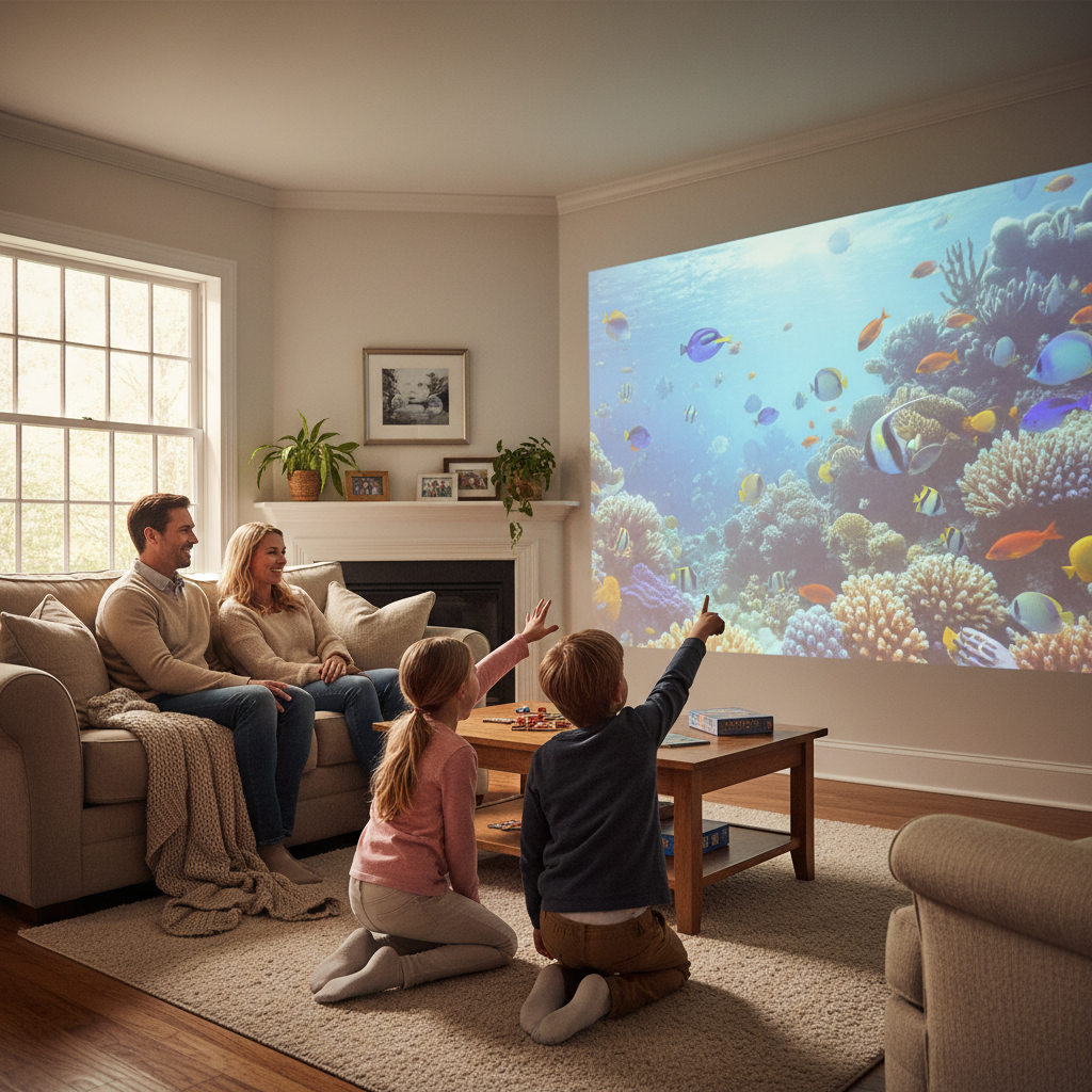 Family in a warm living room watching a large projected rainforest or coral reef scene on the wall, with children pointing excitedly.