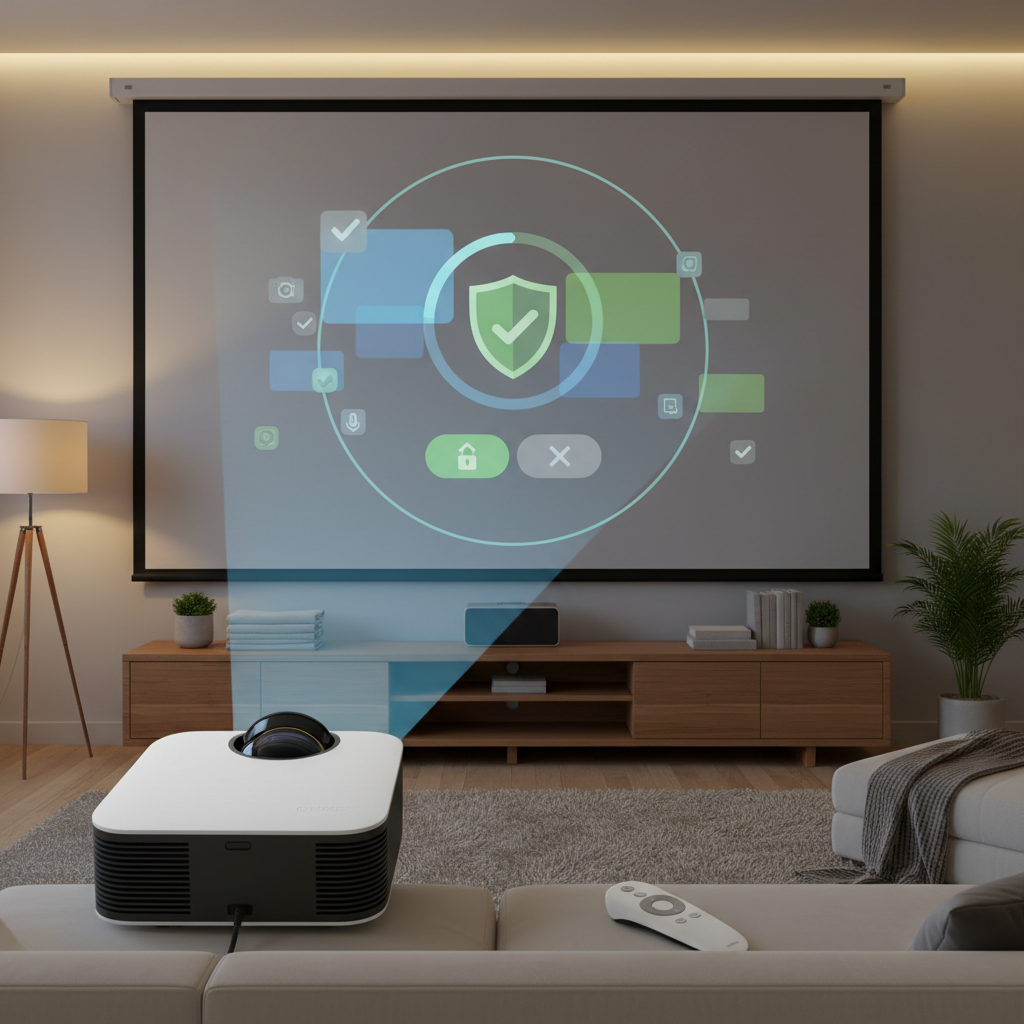 A modern Android projector interface in a home theater setting, showing a safe app install prompt or security settings screen.
