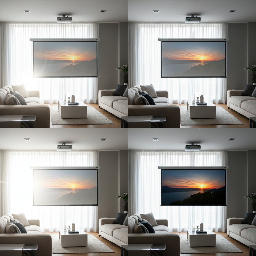 Split-view living room showing a washed-out projector image on the left and a bright, vivid image on an ALR screen on the right.