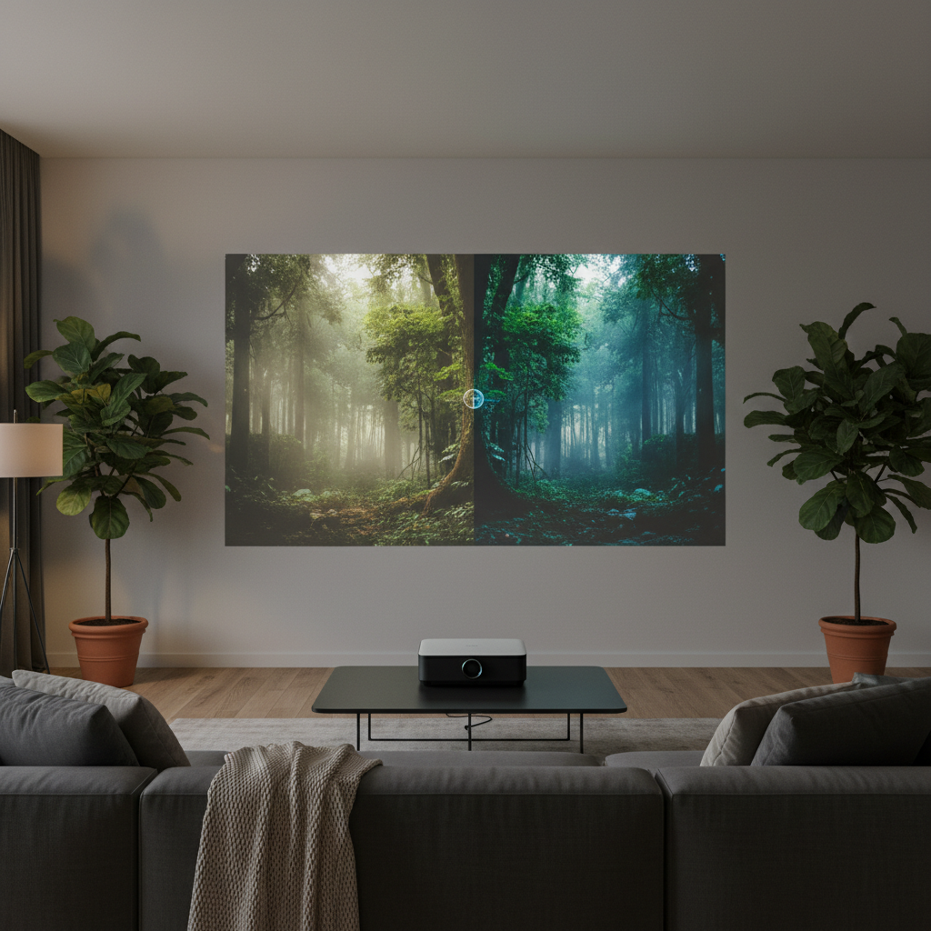 A living room projector scene showing a dramatic comparison between a dim blurry image and a bright clear image.
