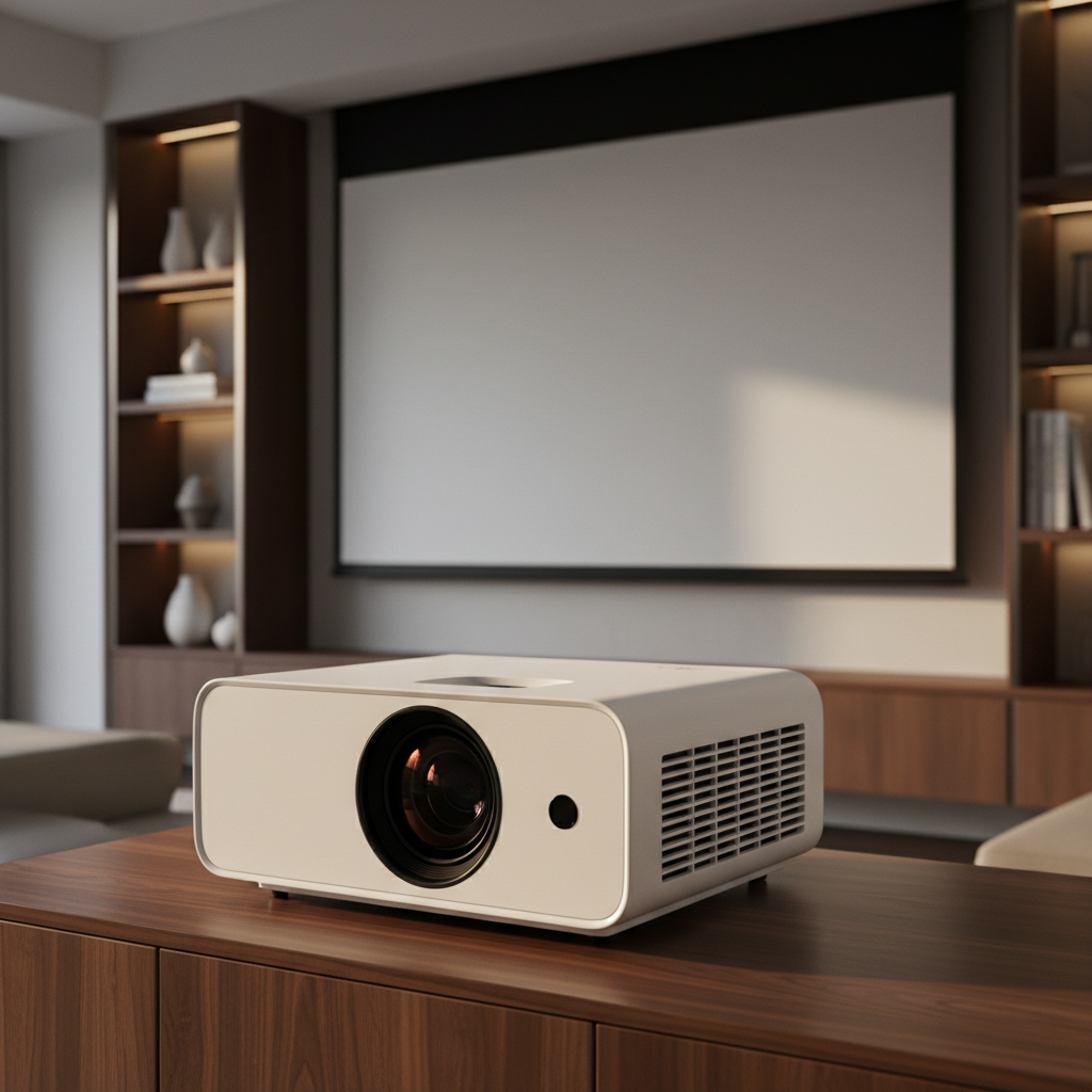 A clean modern projector in a home theater setup with visible air vents and soft lighting.