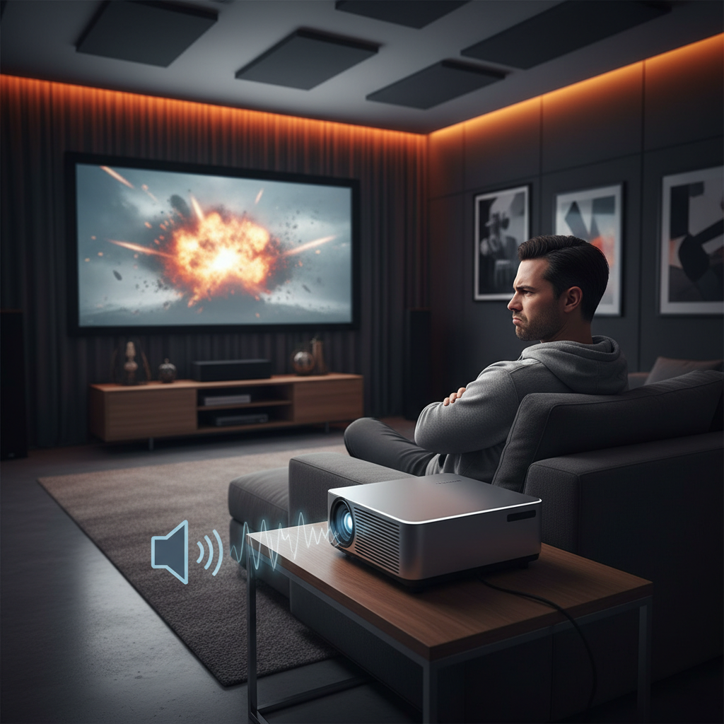 A frustrated viewer in a home theater reacting to weak projector sound near a projector and speaker icon.