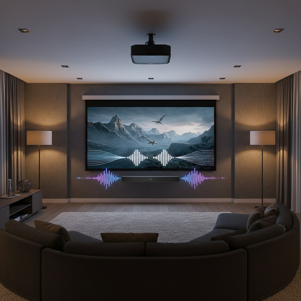 A modern home theater with a projector displaying a movie scene on a large screen, a soundbar below, and subtle visual cues showing synchronized audio and video.