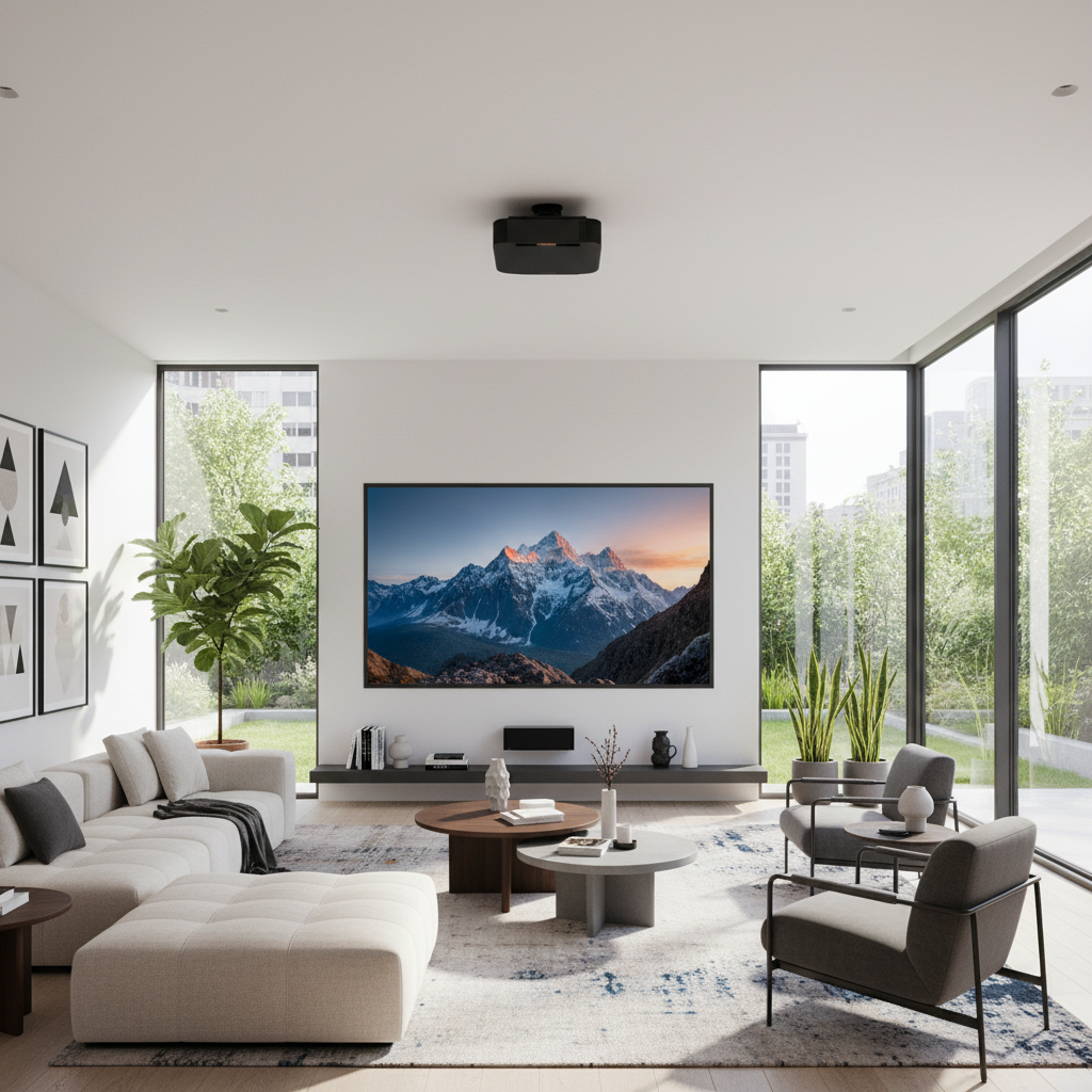 A bright modern living room with daylight, a projector displaying a clear large image on an ALR screen, and contemporary furniture.