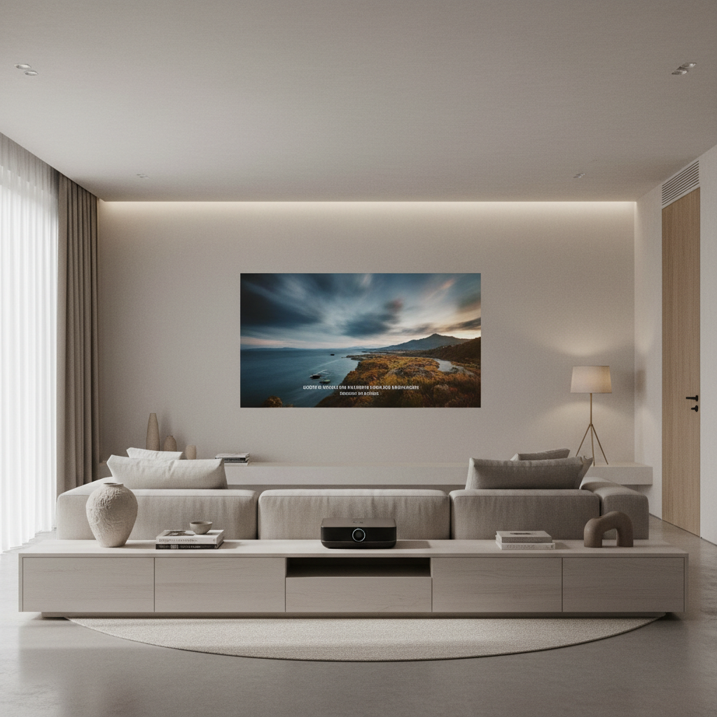 A stylish minimalist living room with a discreet ultra short throw projector casting a beautiful image onto a clean wall, featuring modern furniture and neutral tones with no visible TV.