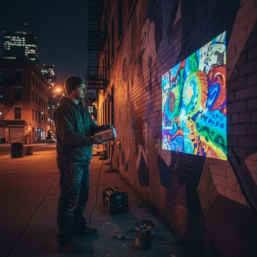 Artist using a portable projector at night to calibrate colors on a large outdoor mural wall with a colorful reference image projected