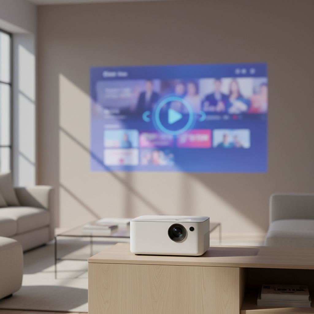 A modern projector in a bright living room displaying a streaming interface directly on screen with no external devices visible.
