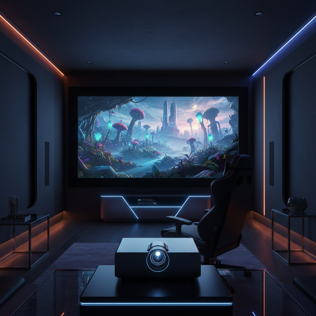 A modern gaming room with a large projected 4K game scene, a visible console, and an immersive cinematic atmosphere.