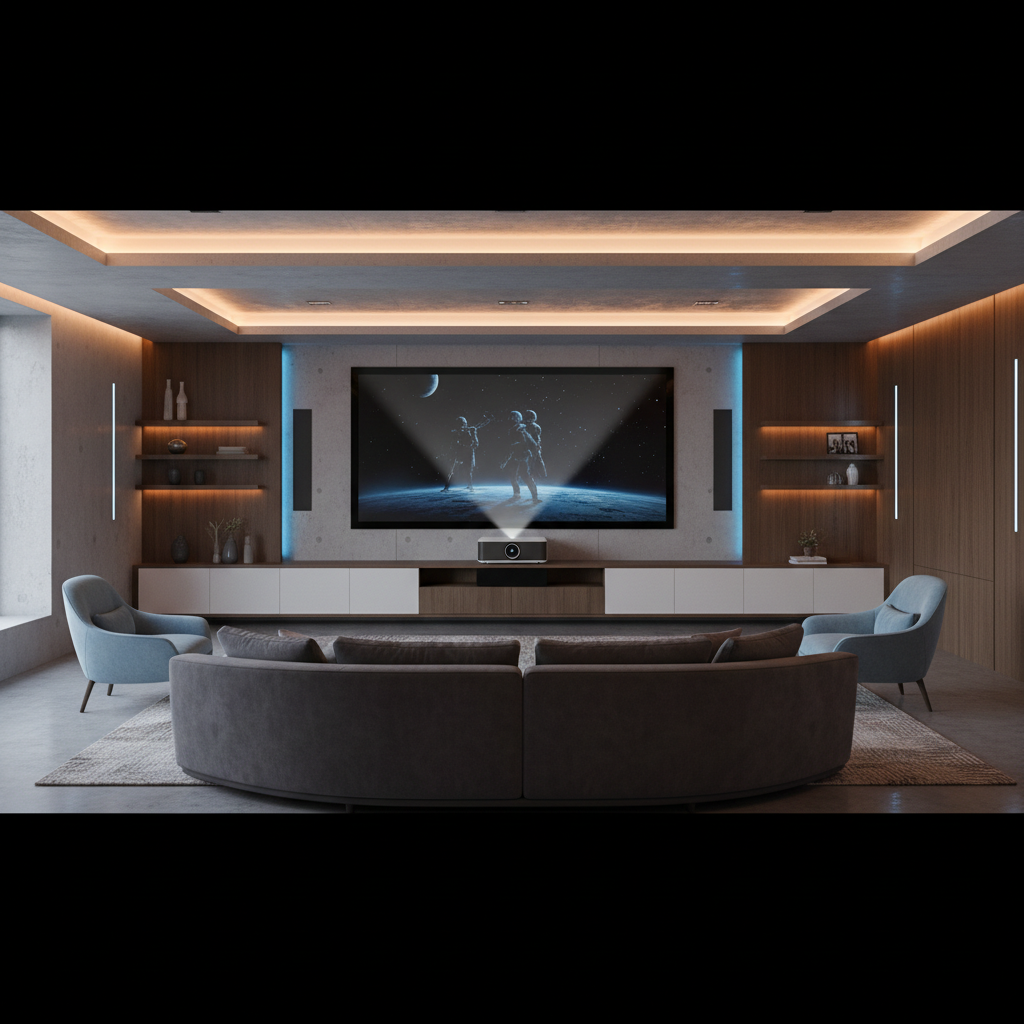 A modern home theater with a large projection screen, a compact ultra-short-throw projector on a low cabinet, comfortable seating, and subtle ambient lighting.