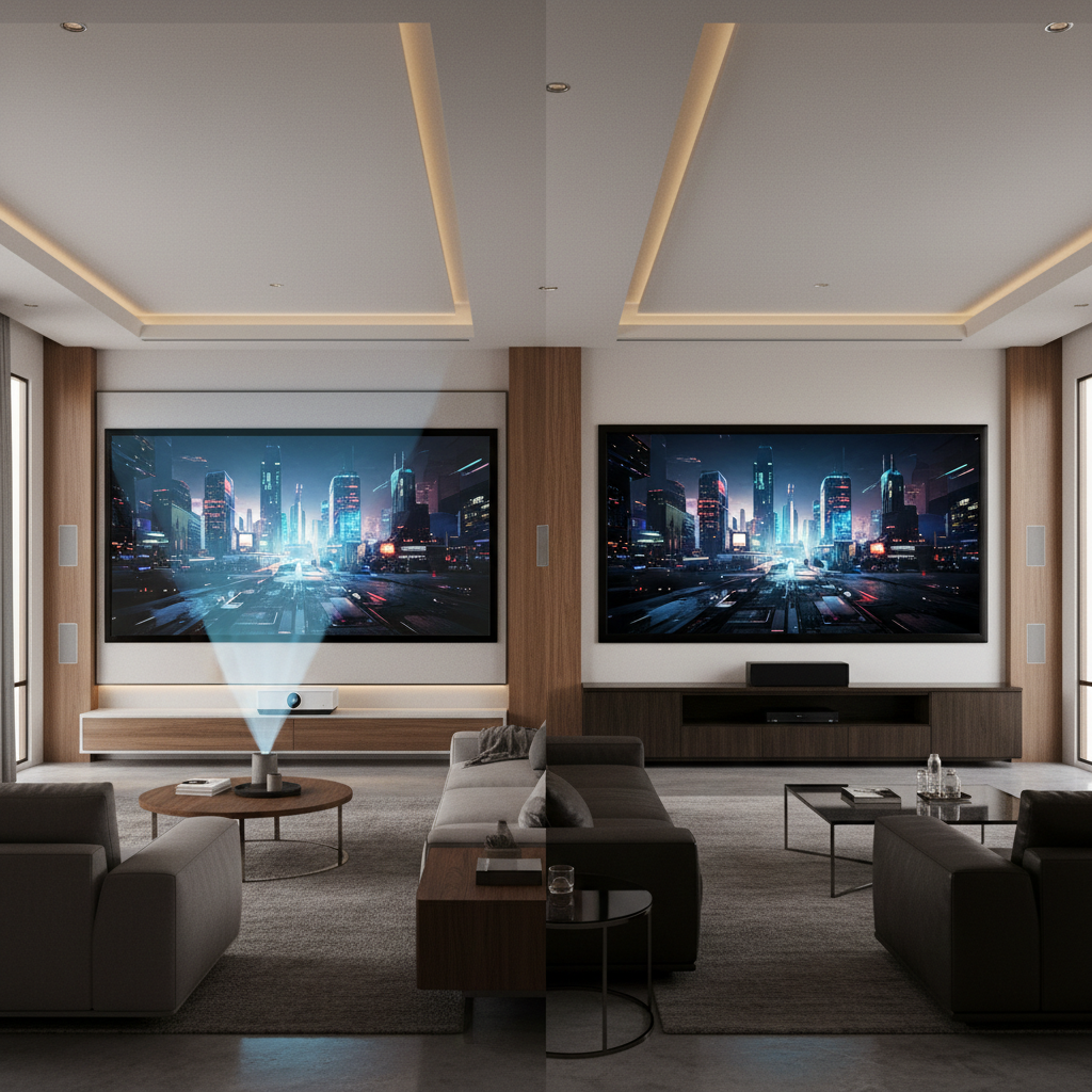 A dramatic side-by-side comparison of a sleek ultra-short throw laser TV projecting a huge image on a living room wall versus a bulky large-screen television.
