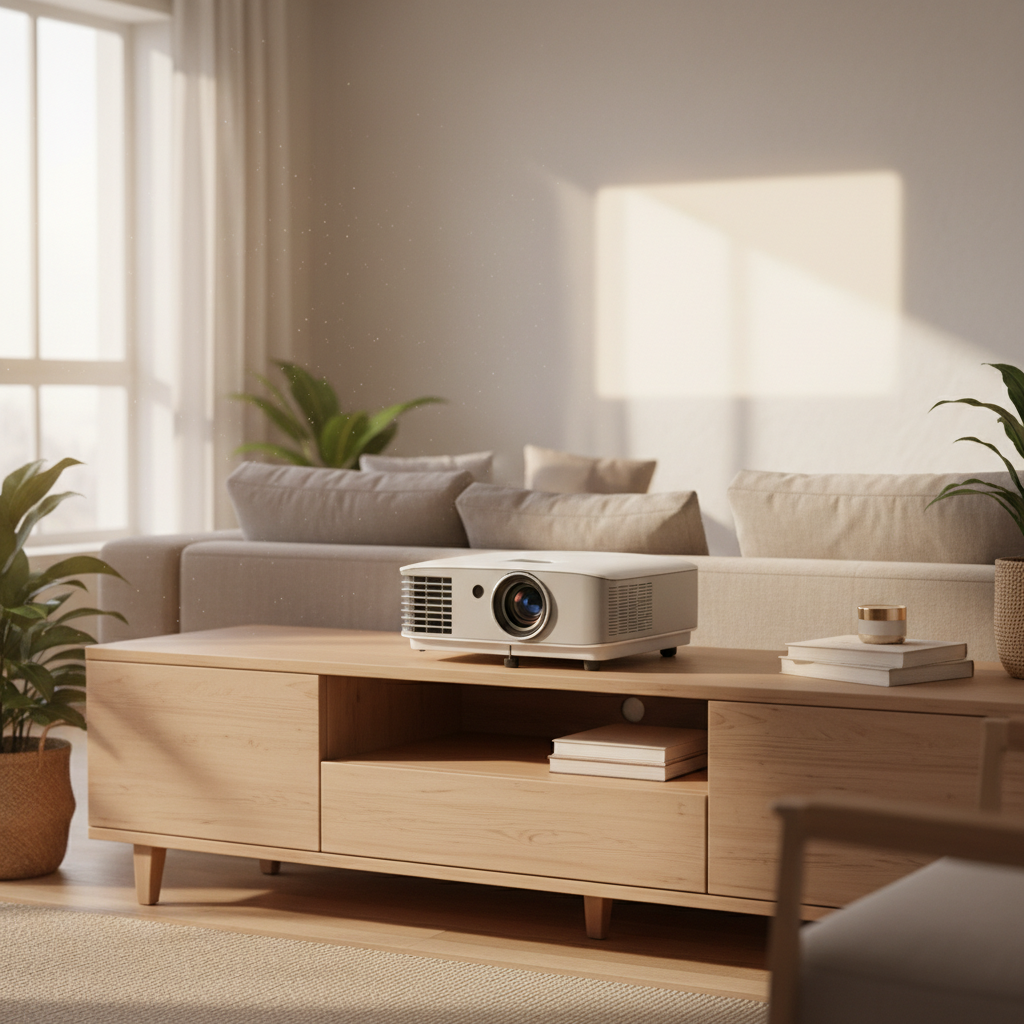 A clean refurbished projector displayed in a modern home living room setting.