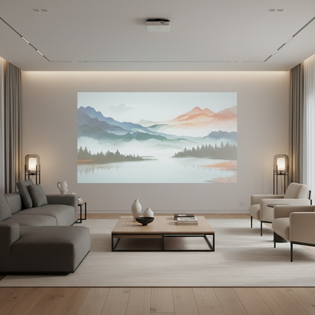 A stylish modern living room with a projector casting abstract digital art onto a blank wall, creating a calm and artistic atmosphere.