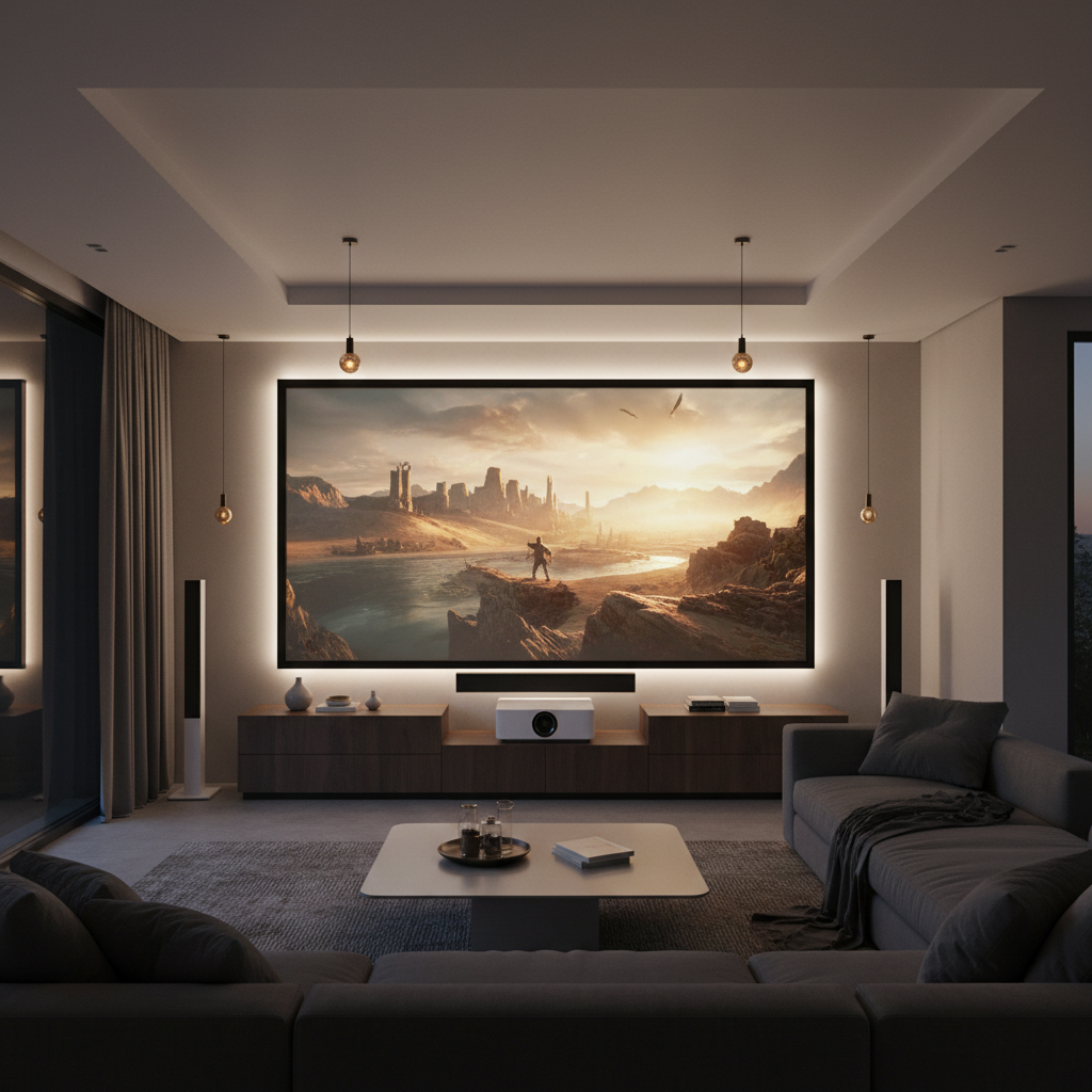 A modern living room with a premium ultra-short-throw laser TV setup, large projection screen, and soft cinematic lighting.