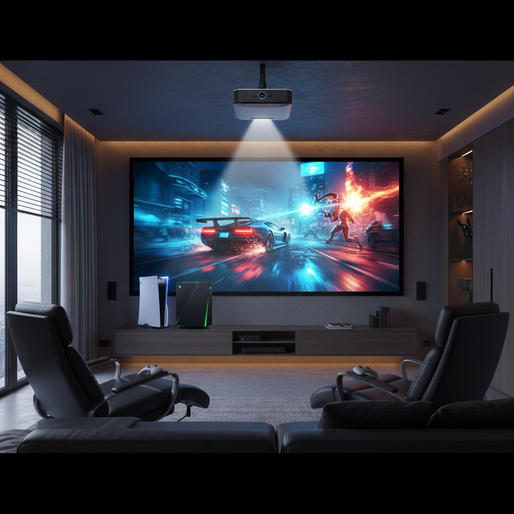 A modern living room gaming setup with a console connected to a 4K projector showing a fast-paced game on a large wall screen.