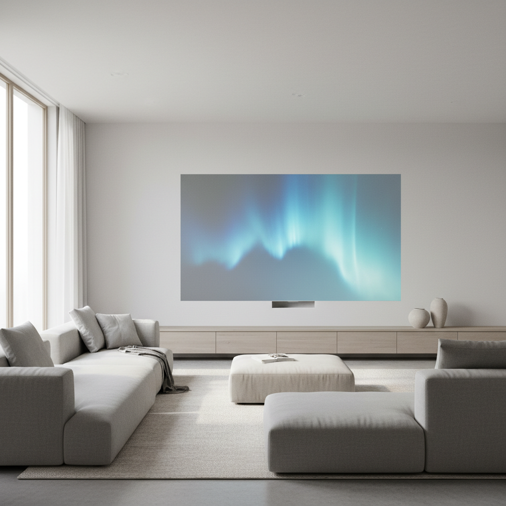 A modern minimalist living room with a clean projected image on the wall and hidden projector equipment.