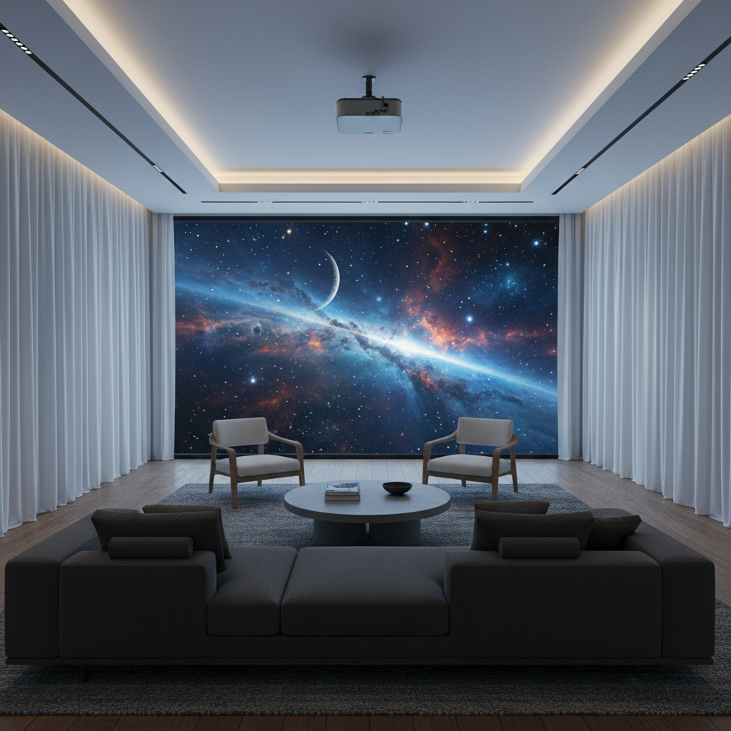 A modern room where a projector creates a virtual window on the wall, showing a mountain or space view.