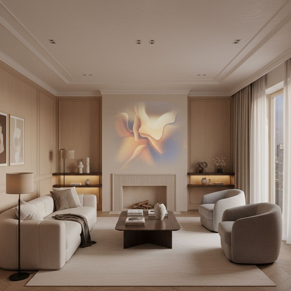A dramatic modern living room with an elegant wall projection creating subtle ambient art and soft mood lighting.