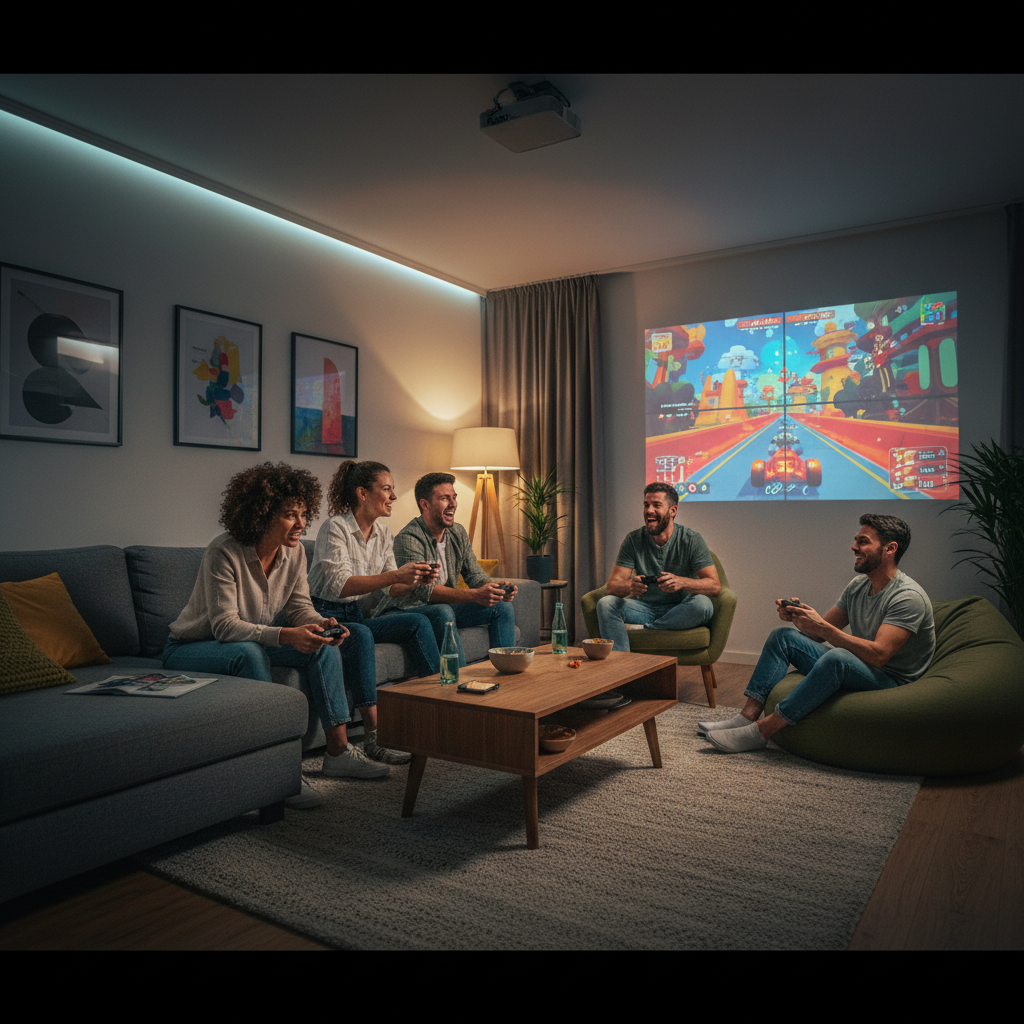 Friends playing split-screen multiplayer on a large projected game screen in a cozy living room, reacting excitedly together.