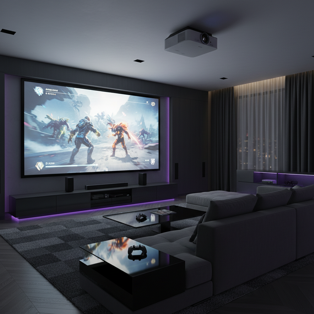 A modern gaming living room with a projector displaying smooth console gameplay on a large screen.