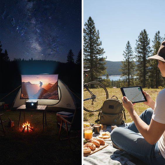 Side-by-side comparison of a portable projector creating a large movie image at a dark campsite and a tablet held in a bright daytime camping scene.