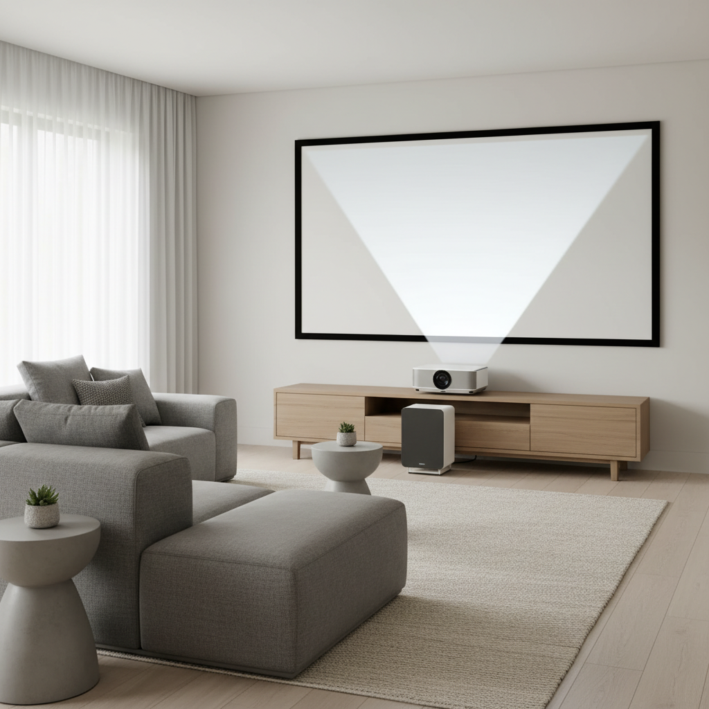 A modern living room with an ultra short throw projector on a low console projecting onto a large screen, with a center channel speaker positioned safely below or beside the projection path.