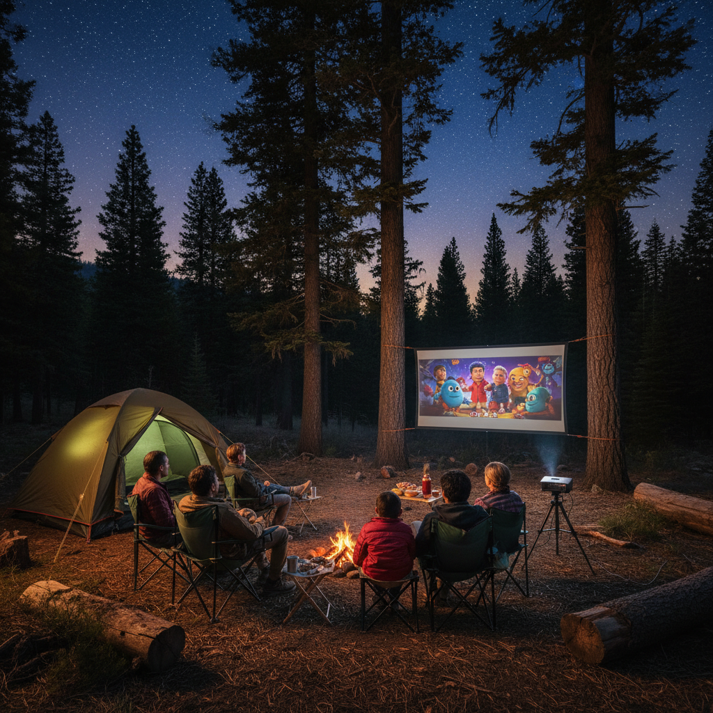 Family enjoying a movie on a portable projector during a camping trip at dusk with mountains in the background