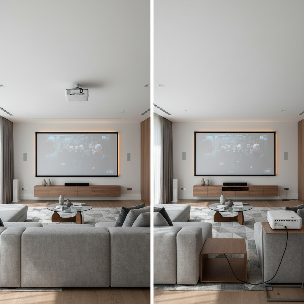 A clean modern living room shown as a split view comparing a ceiling-mounted projector and a floor-standing projector, both in a tidy home theater setup.