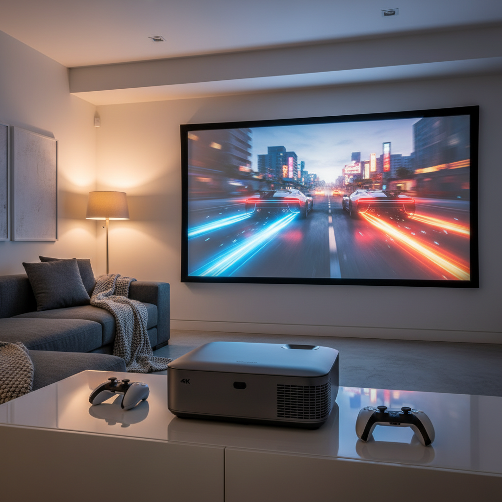 PS5 and Xbox Series X controllers next to a modern 4K projector displaying a vibrant racing game on a large living room screen