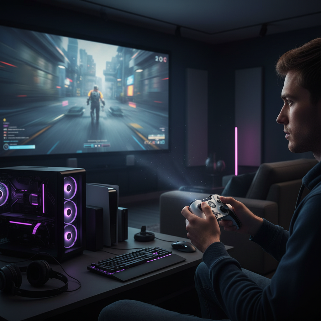 A gamer playing competitively on a large projected screen in a dark room with a console and PC setup, focused on the controller and bright game display.