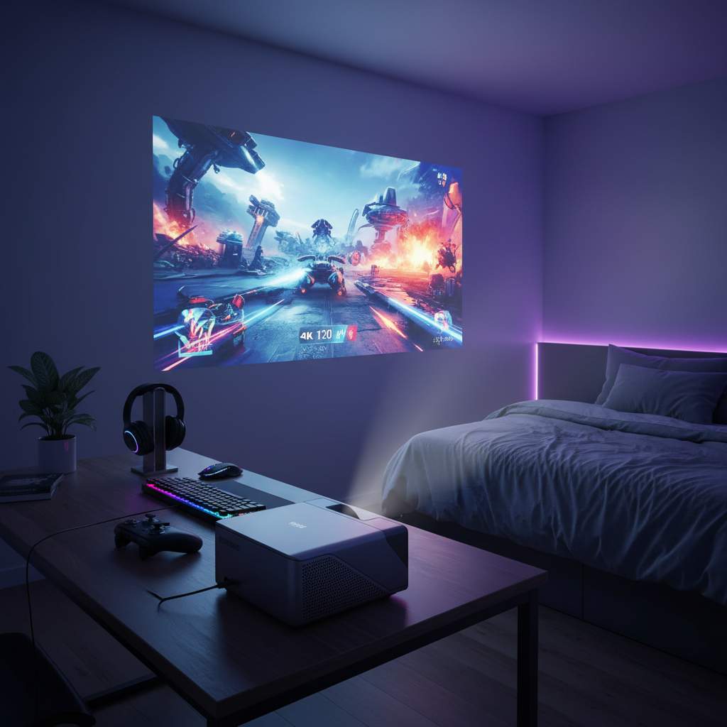 A short-throw gaming projector in a small bedroom gaming setup projecting a large immersive screen from a very close distance.