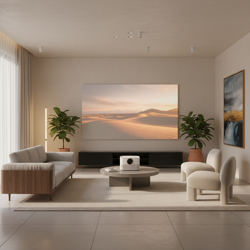 A clean minimalist living room with a sleek all-in-one smart projector casting a large movie screen in warm cinematic light.