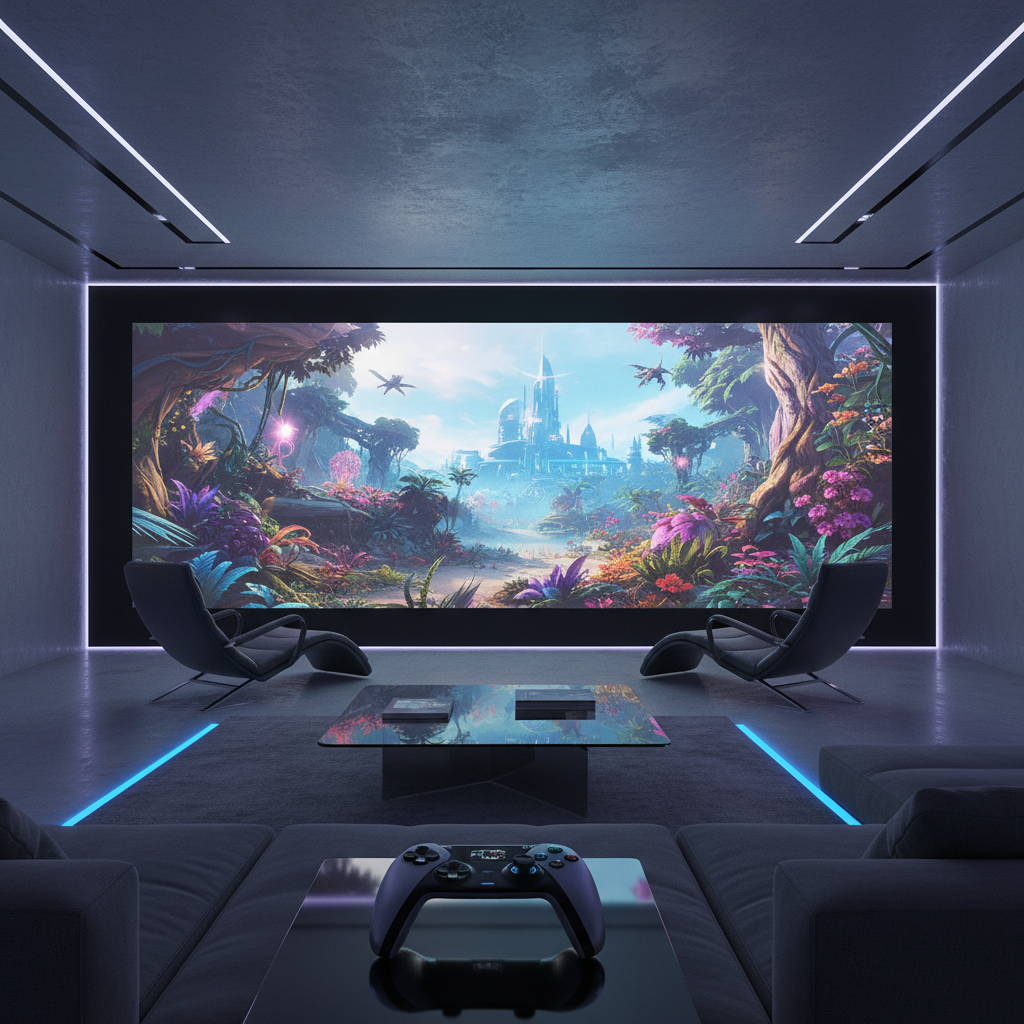 A dramatic modern living room with a large projected gaming scene on the wall and a game controller in the foreground.