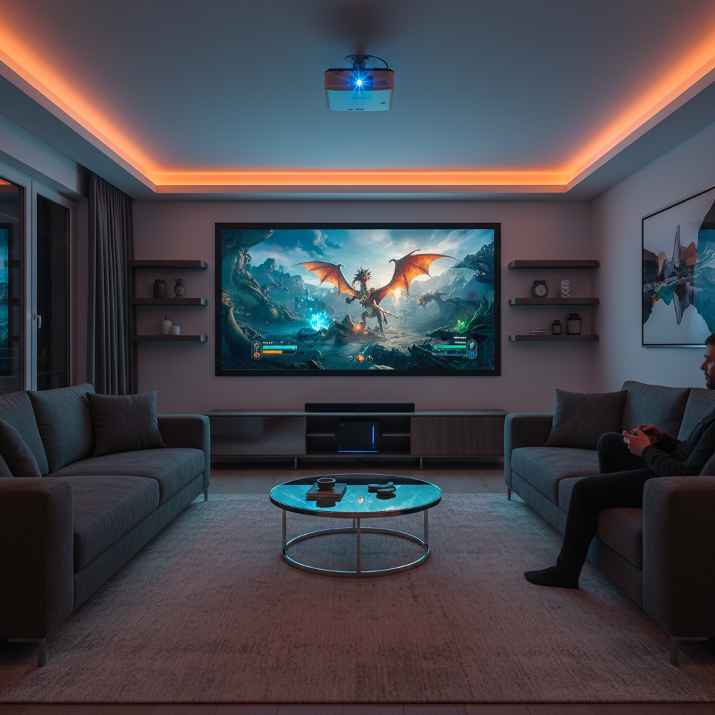 An immersive living room gaming setup with a projector casting a vibrant game scene on a large wall screen, a console visible nearby, and a modern tech-focused atmosphere.