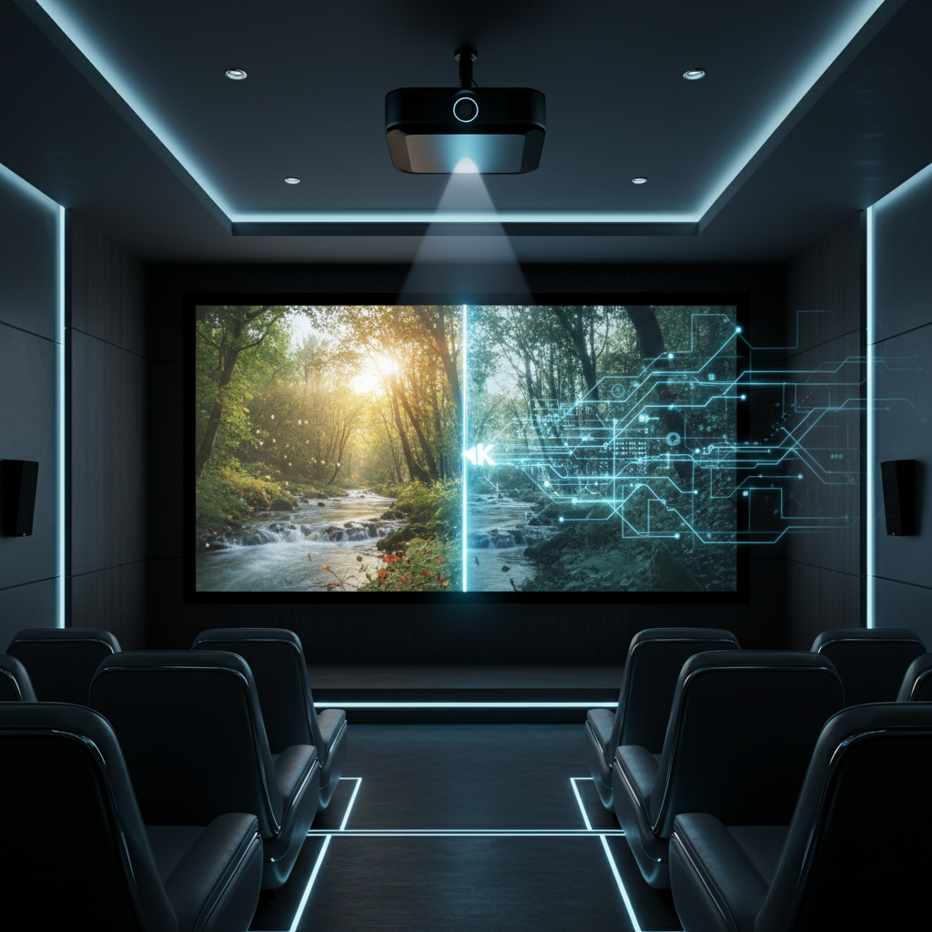 A futuristic home theater showing a 1080p video being upscaled in real time to sharp 4K on a large projector screen with AI network effects.
