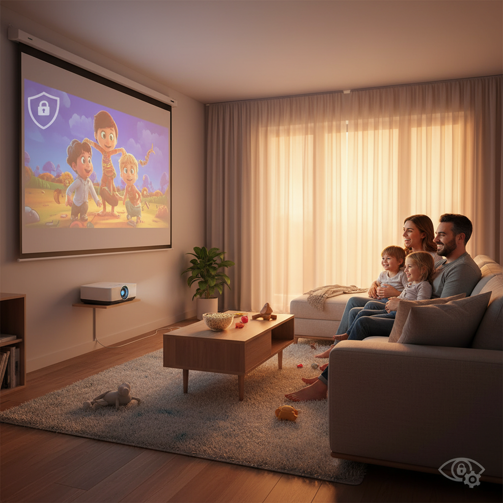 A warm family scene with parents and children watching a projector in a modern living room, with subtle parental control and lock symbols suggesting safety.
