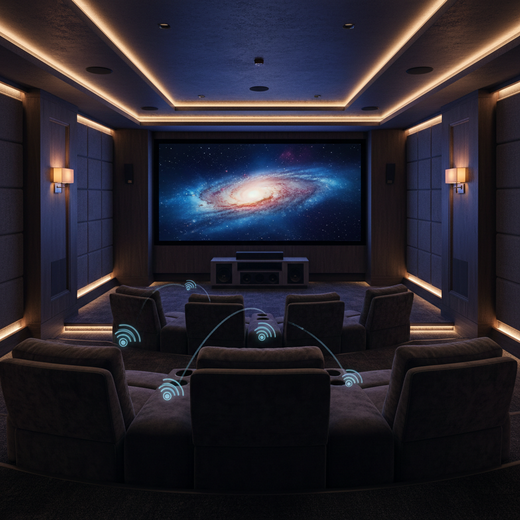 A dramatic home theater with a projector screen, cozy seating, and wireless streaming icons hovering in the space.