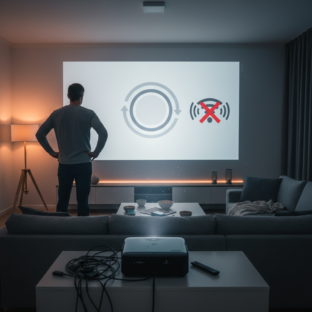 A frustrated user in a dim living room looking at a smart projector screen showing a buffering symbol while a broken Wi-Fi icon appears nearby.