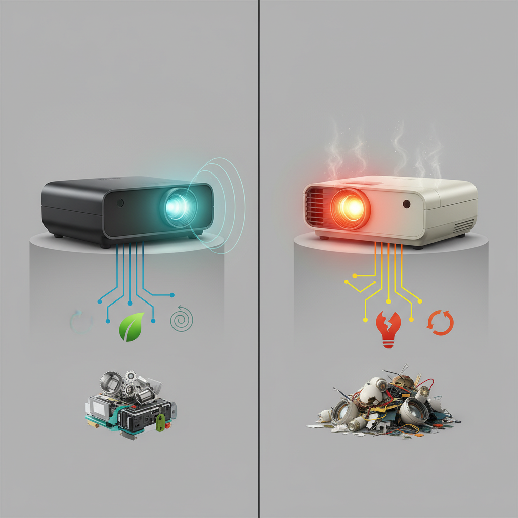 A split visual comparing the eco impact of laser and lamp projectors, showing energy use, heat, and material waste.