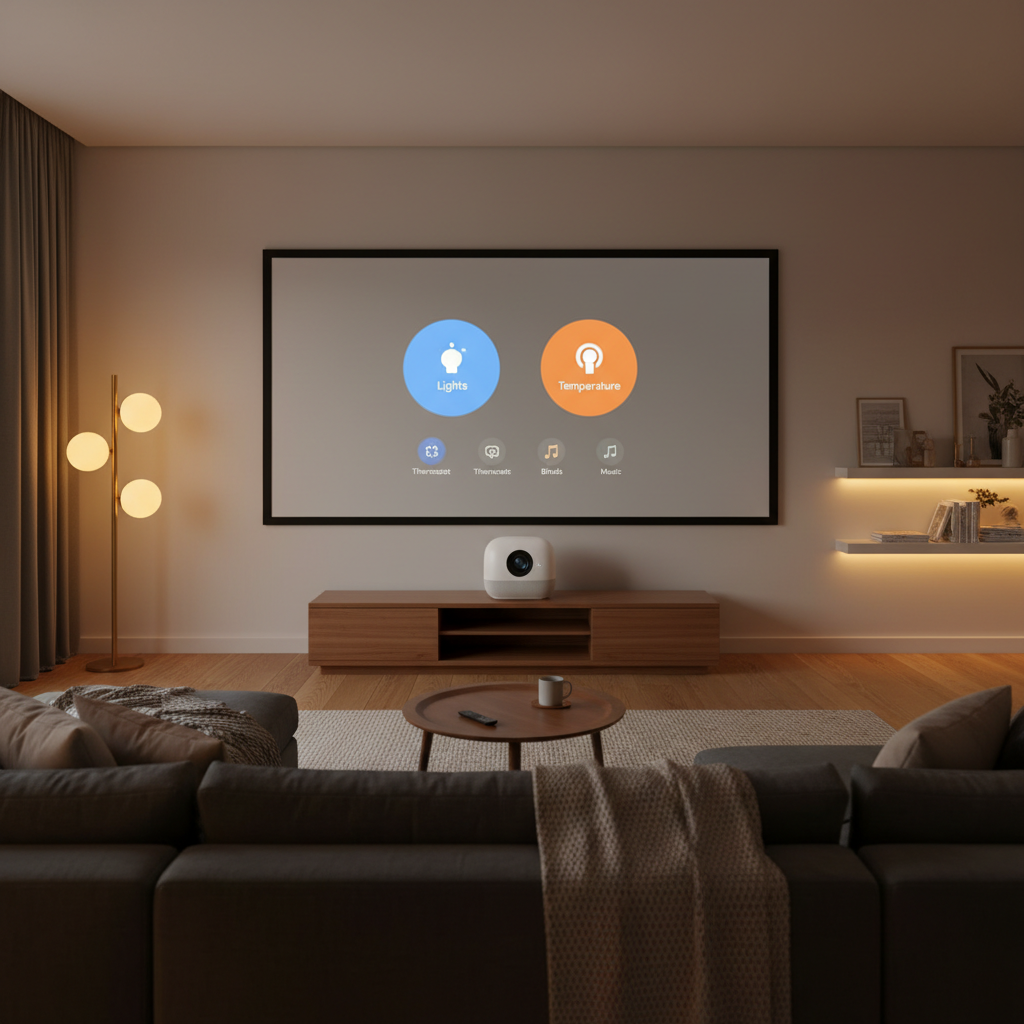 Modern living room with smart projector displaying Google Home dashboard controlling lights and thermostat