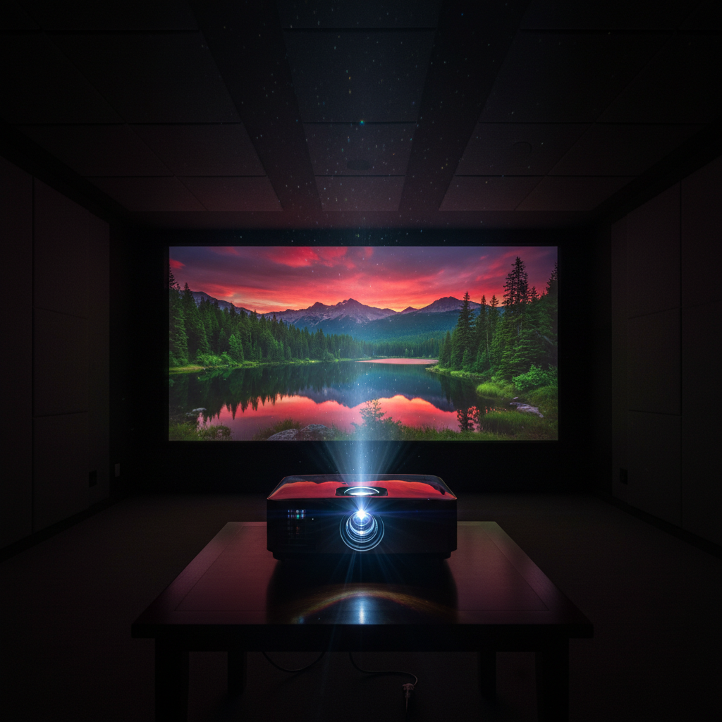 A cinematic projector beam displaying rich, vivid colors in a dark theater-like scene.