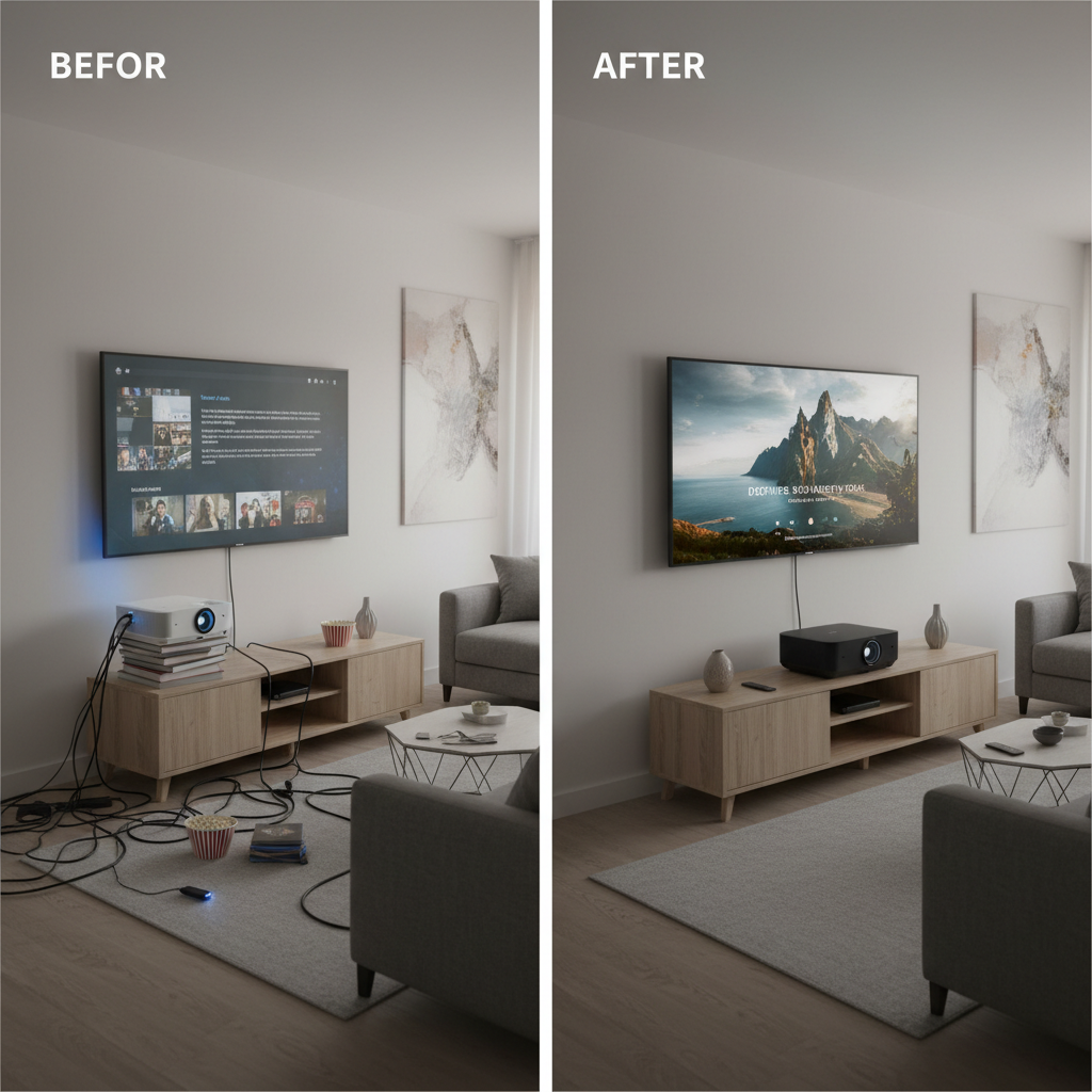 A dramatic before-and-after comparison of a messy dongle-based projector setup versus a clean native smart projector in a modern living room.