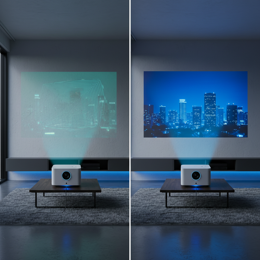 A modern living room showing a projector setup before and after correction, with a blurry warped image contrasted against a sharp, perfectly aligned image on the wall.
