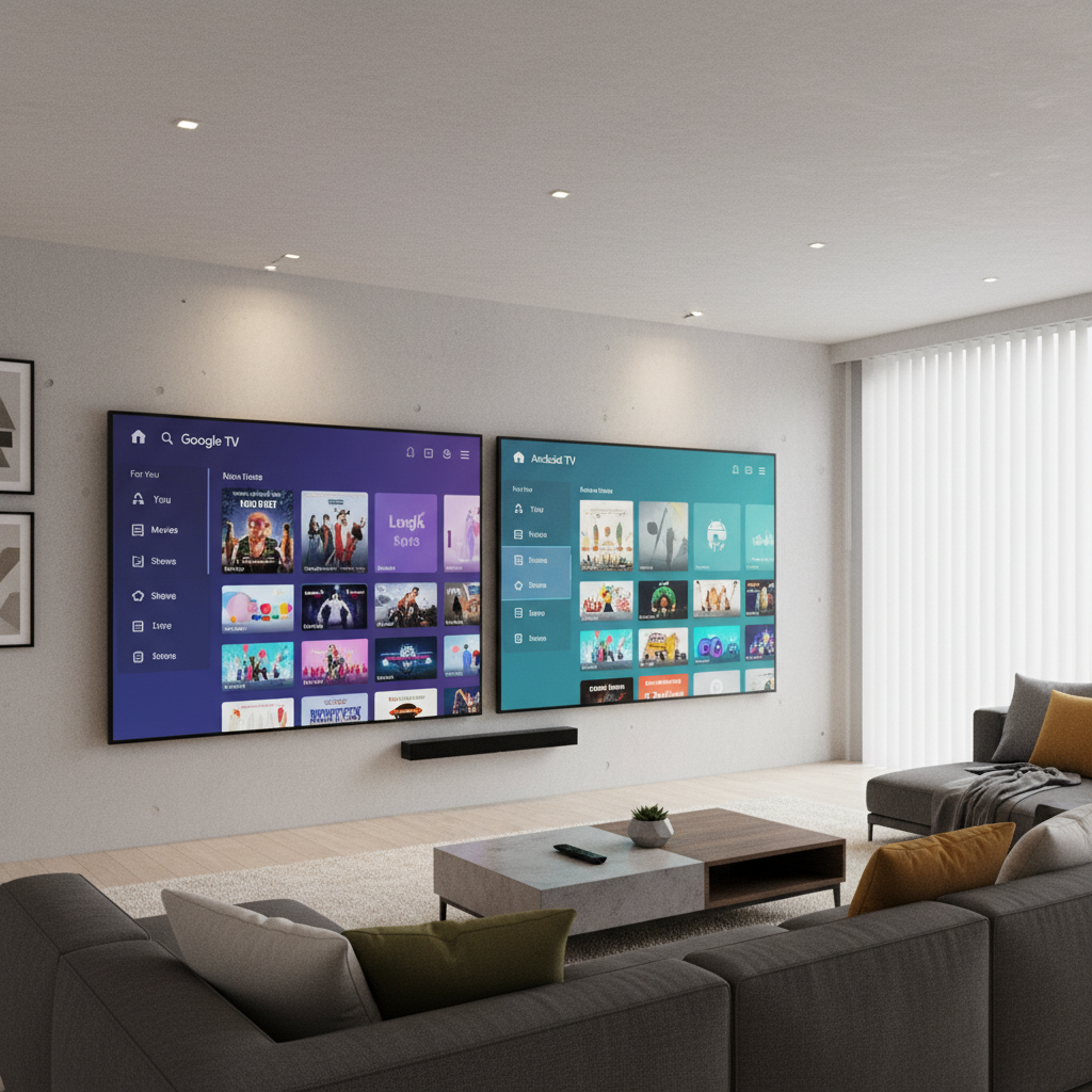 A side-by-side comparison of two projector screens in a modern living room, showing different smart TV interfaces.