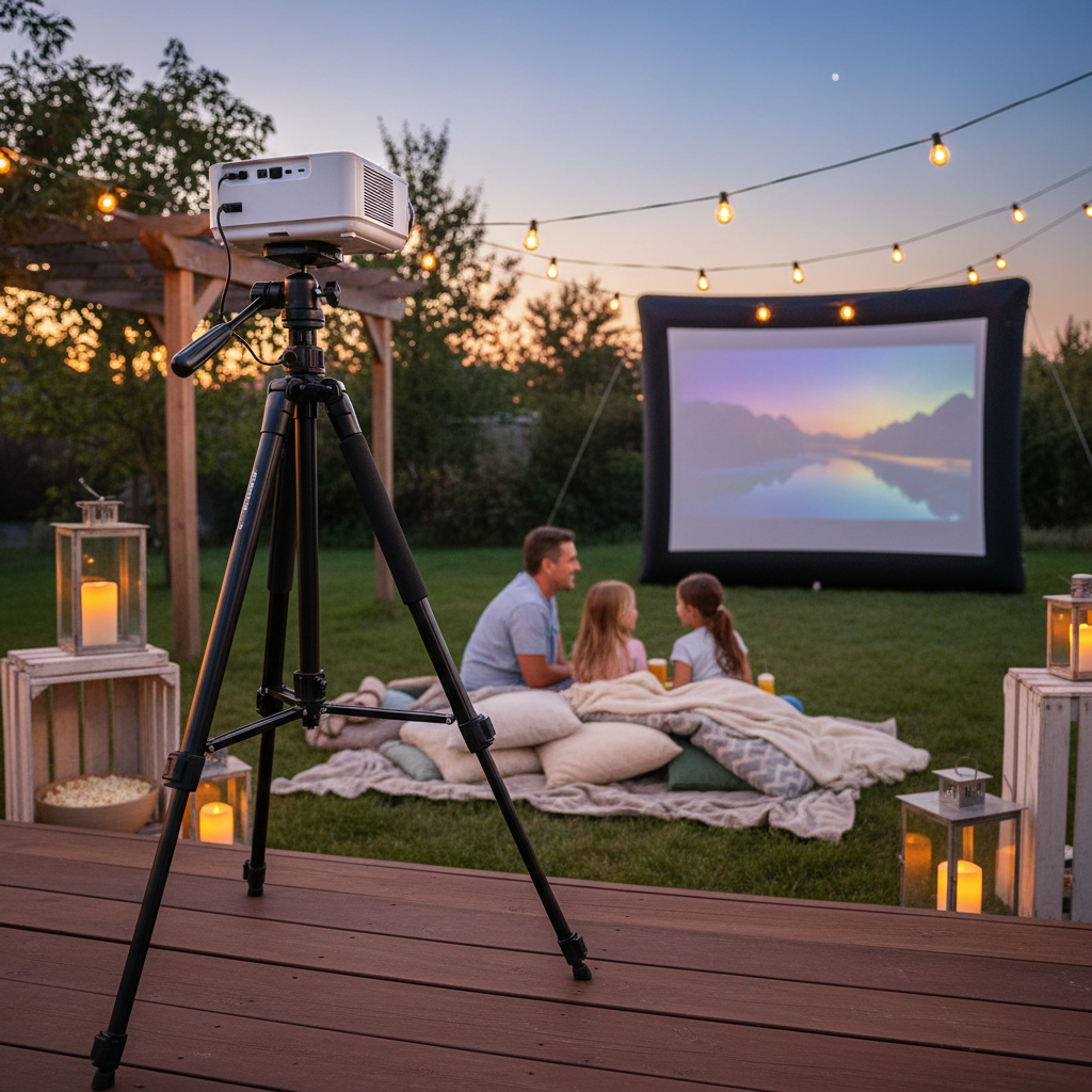A safe backyard movie night setup with a portable projector mounted on a tripod, a screen in the background, and a family watching outdoors at dusk.