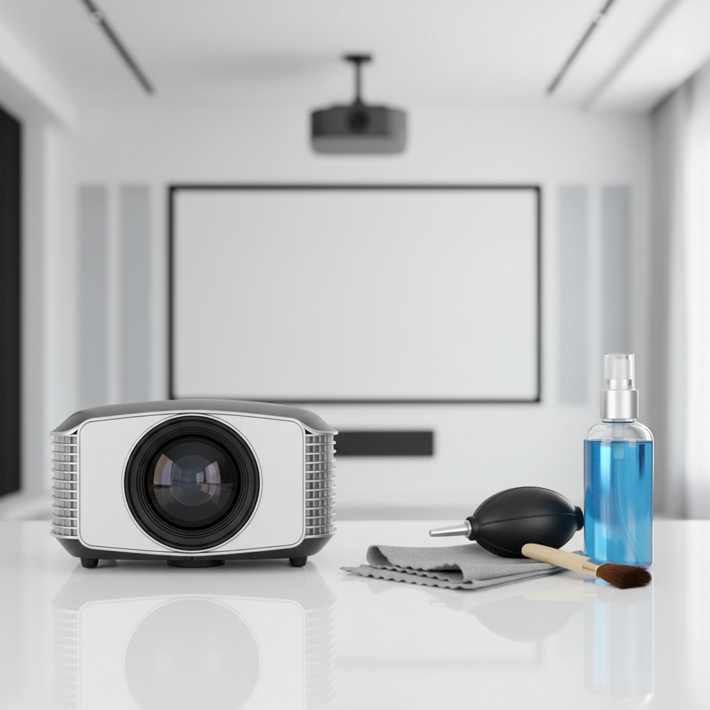 A clean projector lens surrounded by safe cleaning tools in a modern home theater setting.