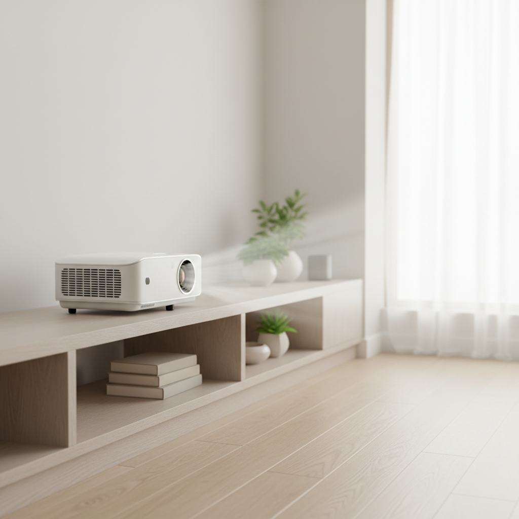 A modern projector on a shelf in a living room with clear space around its vents to show proper airflow.