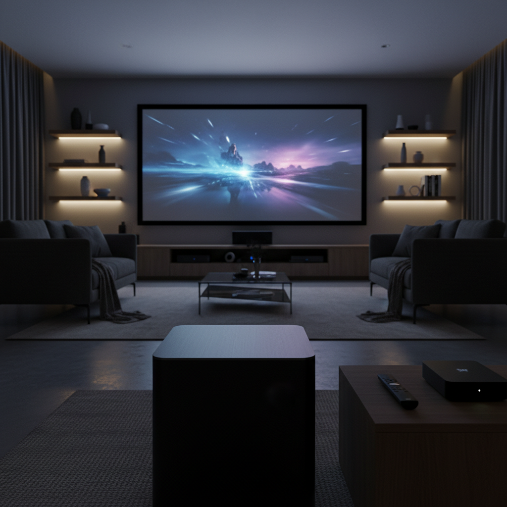 A modern living room home theater setup with a projector displaying a movie and a wireless subwoofer in the foreground.