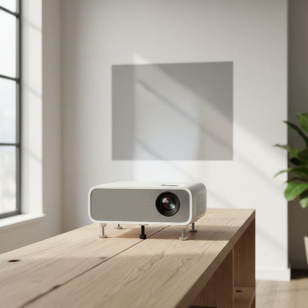 A modern projector on a slightly uneven wooden surface, leveled with adjustable feet, projecting a straight image onto a wall in a bright home setting.