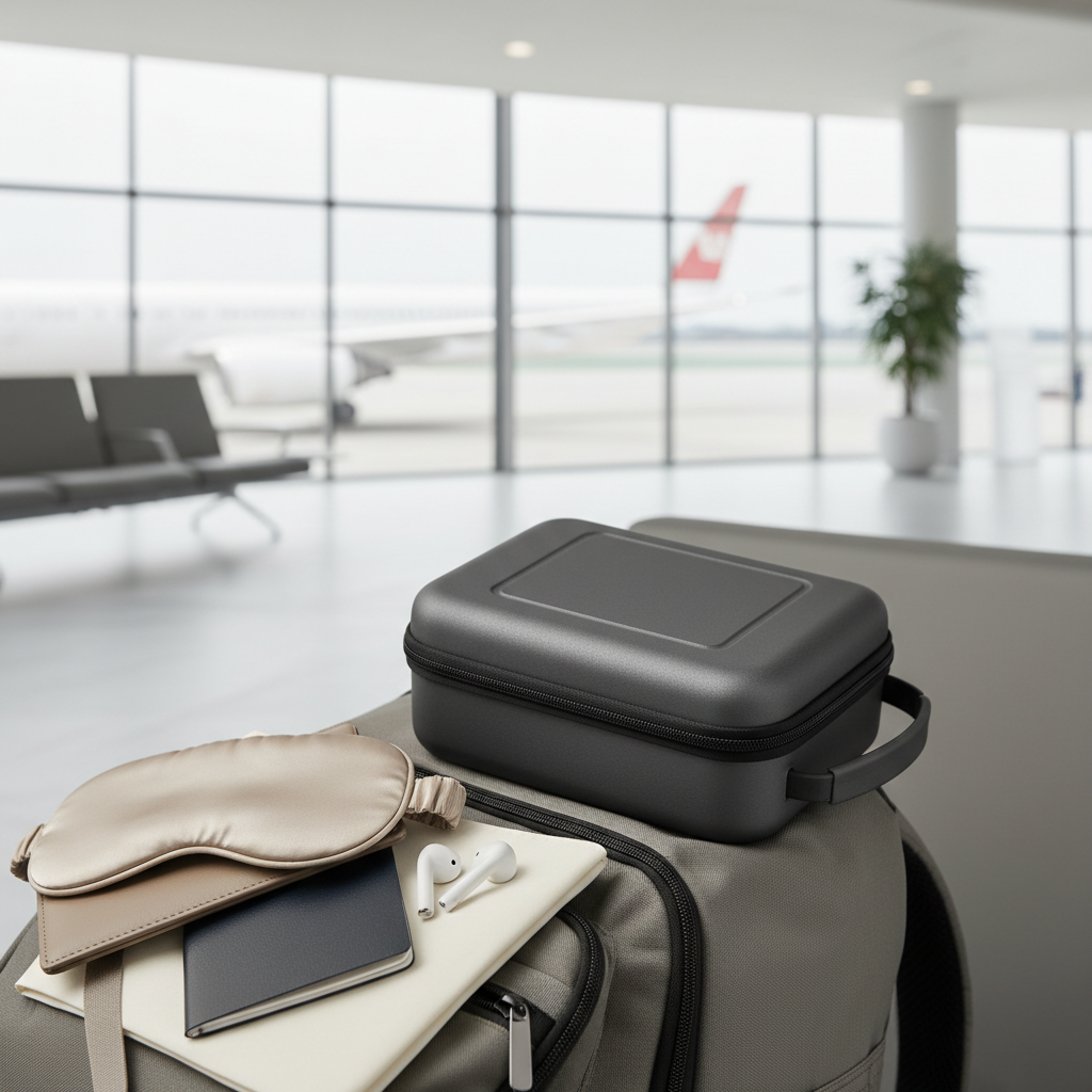 A portable projector in a protective hard shell carrying case beside travel gear in a clean lifestyle scene.
